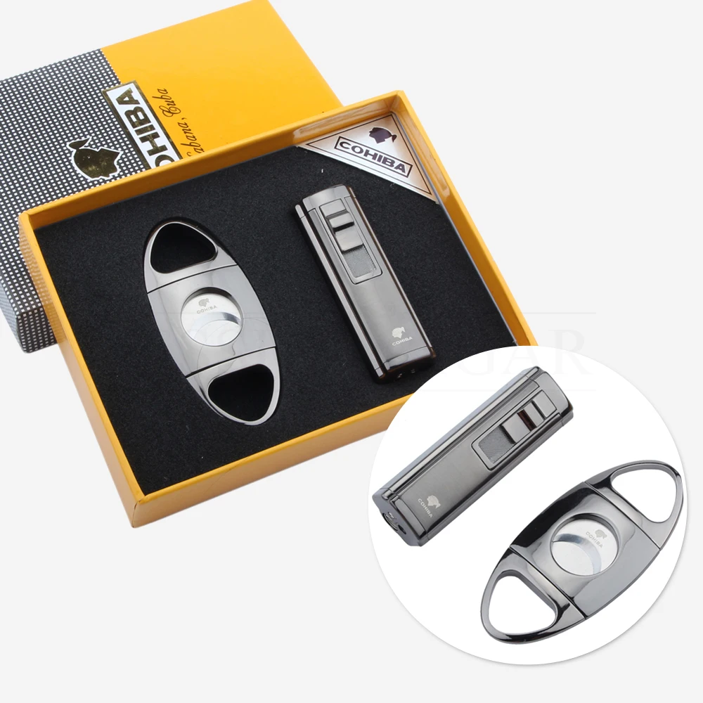

COHIBA Gadgets Cigar Accessories Stainless Steel Windproof 3 Jet Torch Lighter Cigars Cutter Sharp Guilhotina Travel Cigar Set