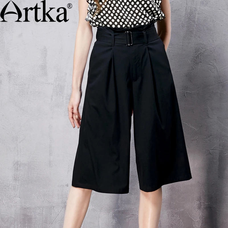 Artka Women's Summer New Two Colors Knee Length Wide Leg Pants Casual High Waist All match Pants