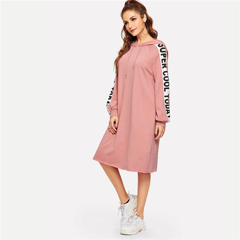 Свитер SweatyRocks с рукавом реглан и буквенным принтом, платье, уличная одежда с длинным рукавом, розовое платье миди, весеннее женское Повседневное платье-толстовка