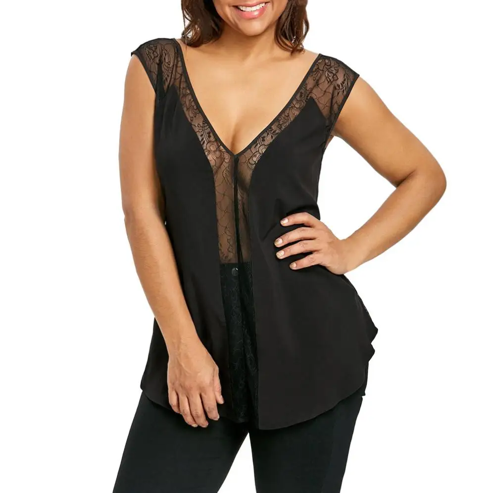 

Fashion T Shirt Women Plus Size 5XL deep v-neck Lace Sheer Low Cut Hollow Out back Perspective summer crop Top Camisetas Mujer