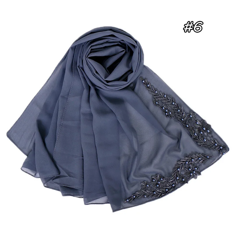 70*180 см шифоновый хиджаб шарф с жемчугом femme musulman длинные шали исламский платок одежда мусульманские хиджабы с вышивкой - Цвет: 6