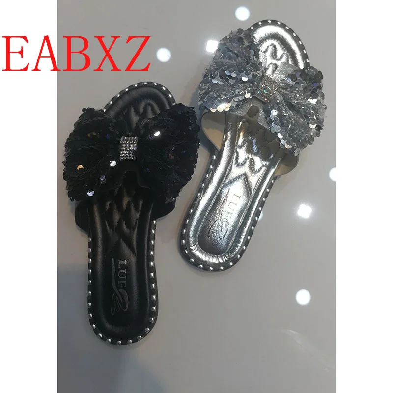 

EABXZ Crystal sequins slippers bow open toe slippers beach comfortable ladies slippers zapatos de mujer Beach Flip Flops
