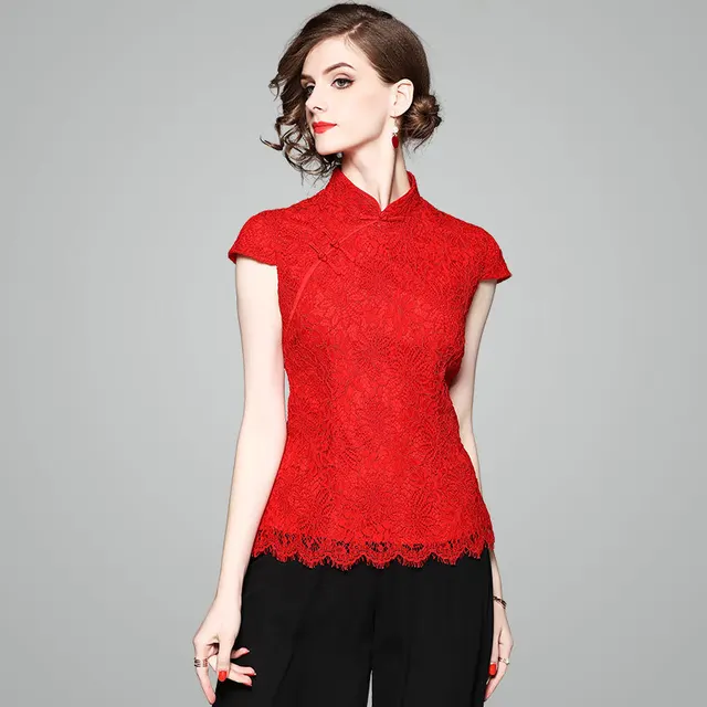 OYCP Luxury Women's Clothing Chinese Style Mandarin Collar Red High End Lace Tops Shirts Blouses
