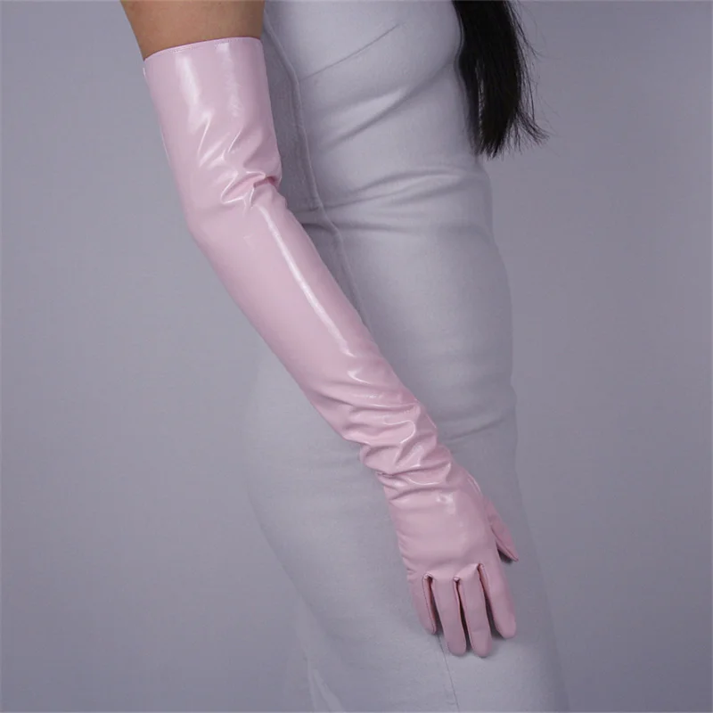 Черные лакированные кожаные длинные перчатки длиной 60 см, высококачественные перчатки из искусственной кожи без подкладки TB09 - Цвет: Patent leather Pink