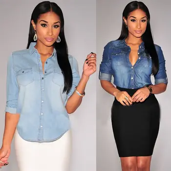 

Newly Casual Women Denim Shirts Spring Autumn Long Sleeve Turn-Down Collar Blue Solid Pocket Slim Shirts 2 Style