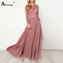 Aimsnug Pink Crop Lace Top & Knot Skirt Set Women Round Neck Long Sleeve Belt Elegant Two Pieces Sets 2018 Spring Plain Twopiece butterfly sleeve knot side plain top