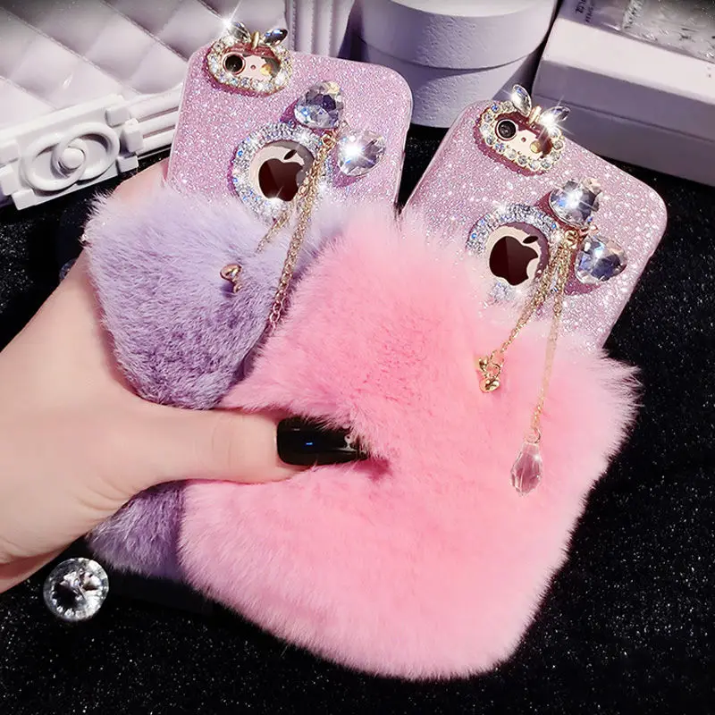 iPhone 8 Hiver Chaud Soft Etui Handmade Fluffy Villi avec Oreille de Lapin DesignLuxe Bling Strass TPU Silicone pour iPhone 7//8 Herzzer Fourrure Rose Paillette Coque pour iPhone 7 4,7 Pouces