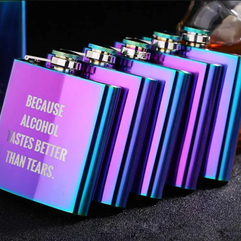 

Colorful 6oz Mini Hip Flask Gold Plated Whisky Matara Gradient Color Rainbow Stainless Steel Flask Screw Cap Whiskey Wine Bottle