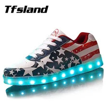 Tfsland/мужские и женские туфли со светодиодной подсветкой; светящаяся обувь с USB зарядкой; обувь с подсветкой; прогулочная обувь с принтом американского флага; мягкие светящиеся кроссовки