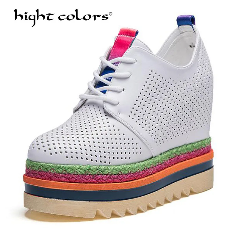 

Fashion Quilted Platform Wedge High Heels 10cm Height Increasing Women Casual Platform Shoes Hollow White Woman Pumps 2018 T1111