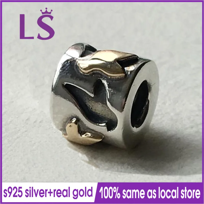 

LS 100% S925 Silver&14&k Doves Charm with goldbirds Fit Original Bracelets Pulseira Inteligente 100% Same Fine Jewelry Factory N