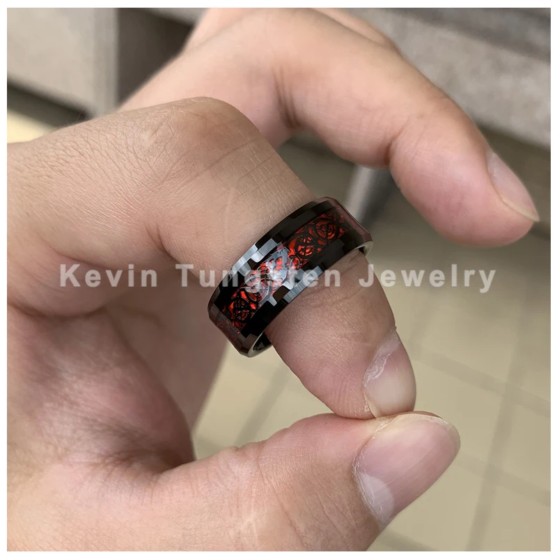 Черное мужское обручальное кольцо, кольцо с драконом из карбида вольфрама, кольцо с красным опалом и инкрустацией черного дракона