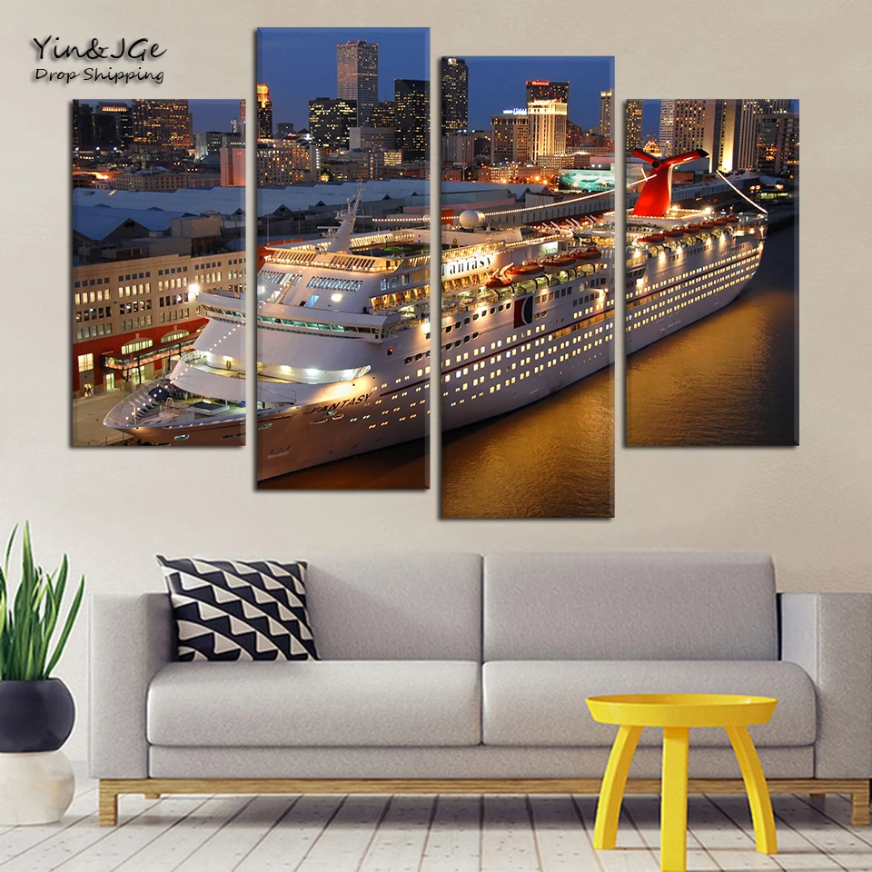 

Picture HD Print Decor Room 4 Panel Luxury Bright Cruise Liners Ship Night Landscape Canvas Painting Modular Poster Wall Artwork
