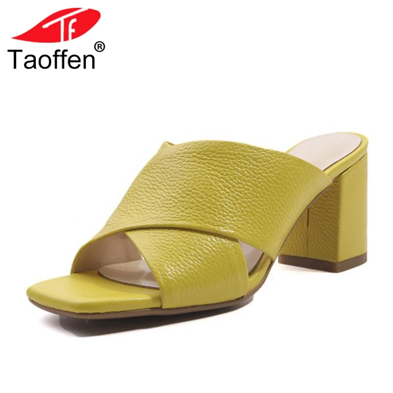 

TAOFFEN Size 33-43 Women High Heel Sandals Slip On Open Toe Thick Women Summer Shoes Real Leather Concise Sandals Office Footwe