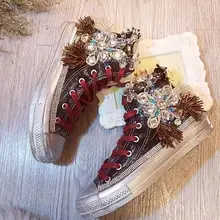 Женская парусиновая обувь ручной работы, украшенная бисером и стразами, Уличная обувь с граффити в стиле ретро, грязная обувь