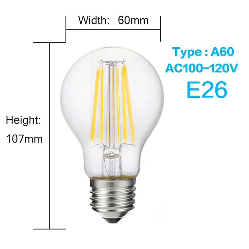 LUCKY светодиодный Светодиодный светильник E27 E14 2 Вт 4 Вт 6 Вт 8 Вт лампа накаливания Эдисона с регулируемой яркостью 110 В 220 В винтажные лампы в форме свечи для внутреннего освещения - Испускаемый цвет: A60 E26 110V