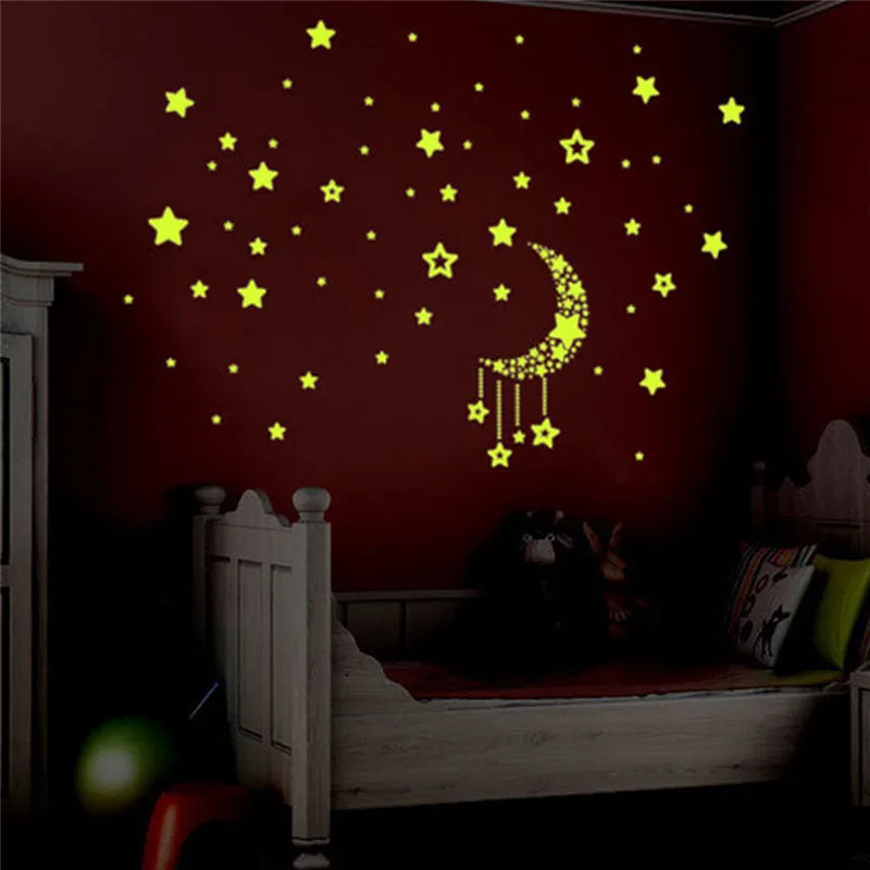 Us 1 04 5 Off 50pcs Set Bright Yellow Luminous In Dark Kids Room Wall Stickers Star Moon Design Sky Glowing Ceiling Stickers For Children Room In