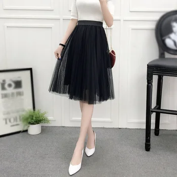 

Elegant Elastic High Waist Mesh Tutu Skirt Women's Tulle Skirts Vintage Pleated Knee-Length Skirts