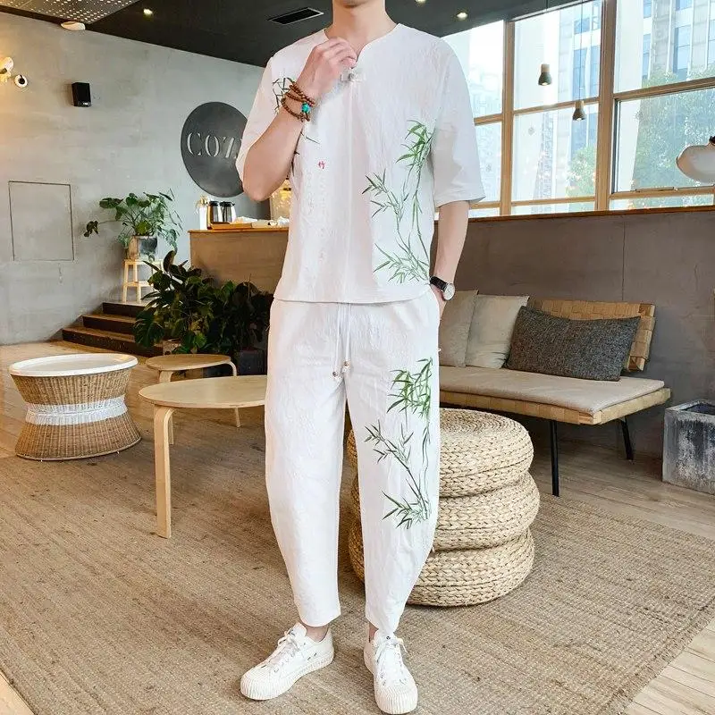 

Loldeal Embroidered Bamboo Men's Summer Linen Casual Street Chinese Retro Suit Track Suit