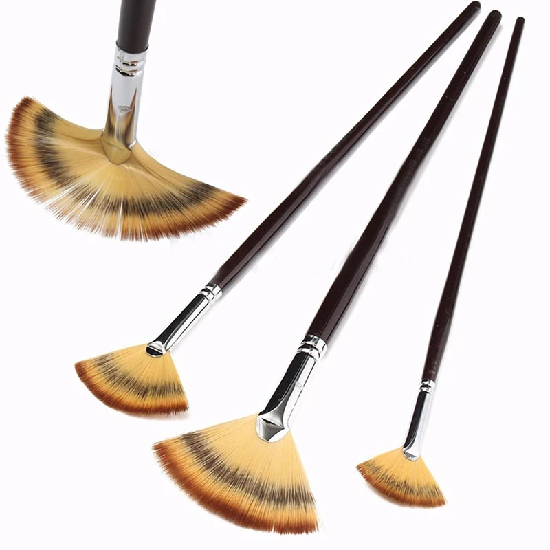 3pcs/Set Artist Fan Brushes Wooden Handle Nylon Hair Drawing Tool Practical Brush for Oil Acrylic Water Painting