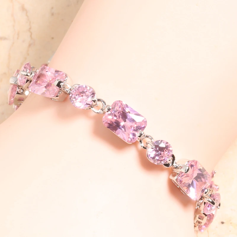 Романтический розовый циркон 925 стерлингового серебра звено цепи браслет 6 7 дюймов L10033