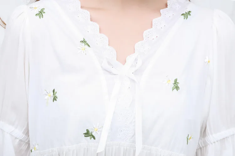 MS, весеннее и осеннее Ночное платье с длинным рукавом, Женская хлопковая белая Пижама, милая длинная Корейская ночная рубашка для принцессы