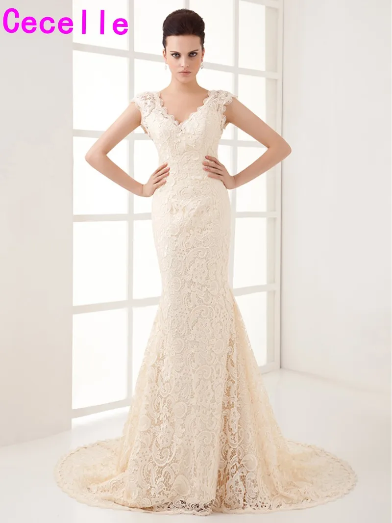 2017 Real Images Designer Vintage Beige Mermaid Lace Wedding Dresses