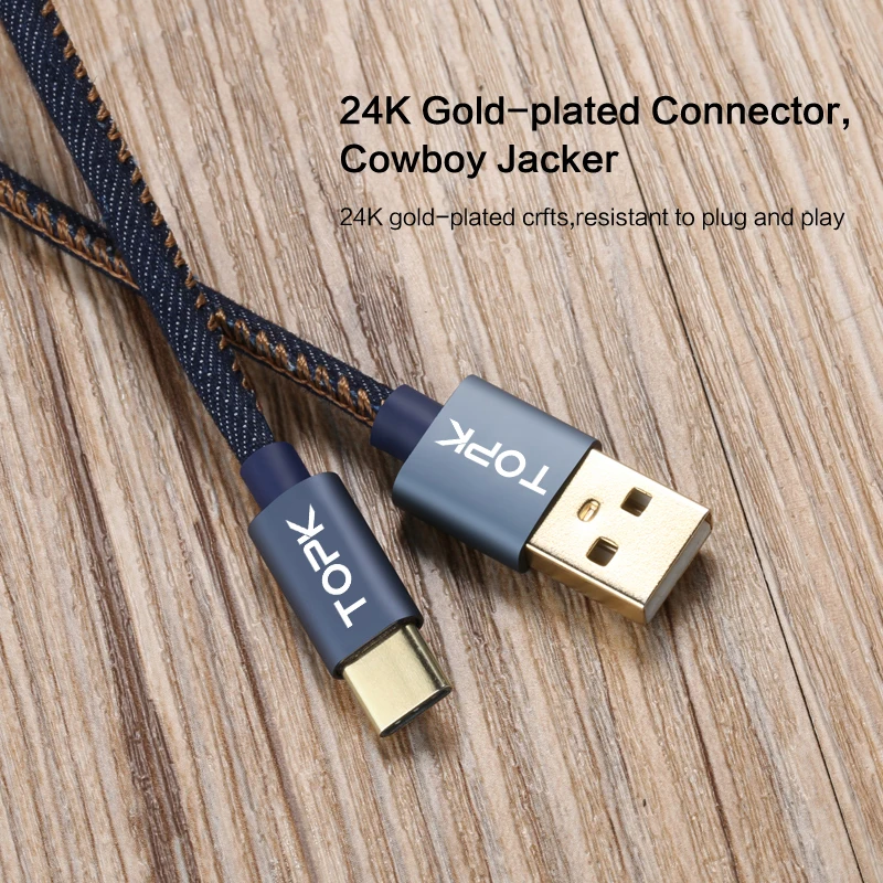 TOPK [5-حزمة] USB نوع C كابل الدنيم مزين مزامنة بيانات الهاتف المحمول كابل USB لسامسونج S8 s9 plus a5 2017 واحد زائد 5 t 6