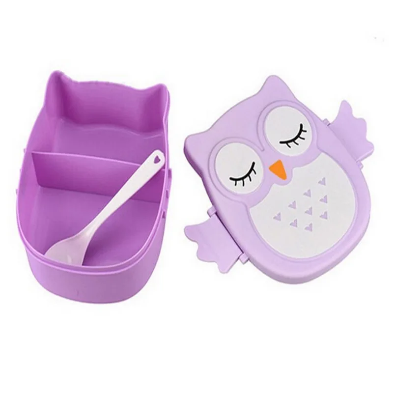 1Pcs Portble Plastic Kids Cute Owl Food Container Lunch Box PP Food Storage Box Portable Purple Pink and Blue 15.5x14x6.6cm