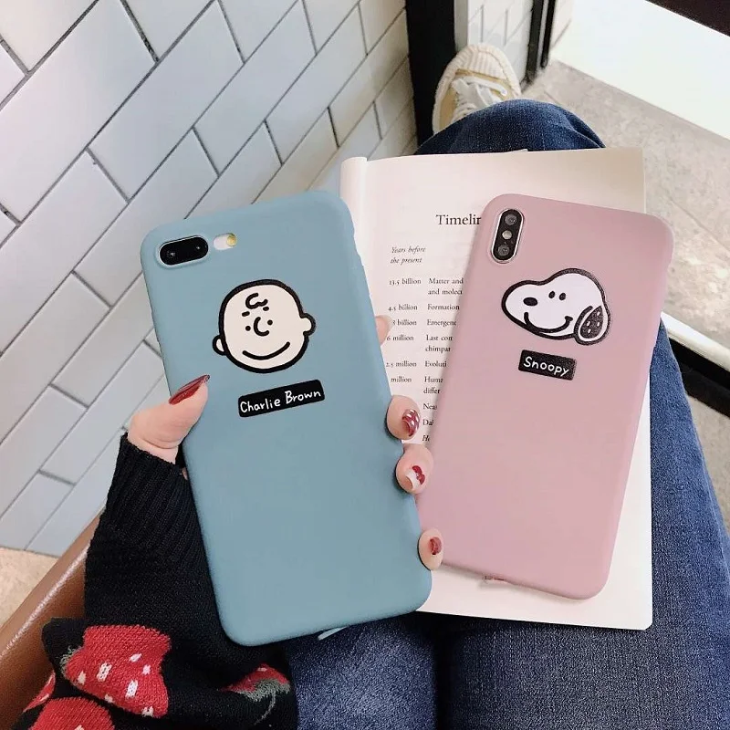 

Cute Snoopys Dog and Charlie Brown soft pink matte case For iphone 6 6s 7 8 plus X XS XR MAX 6plus 7plus Silicon Ultra TPU cover