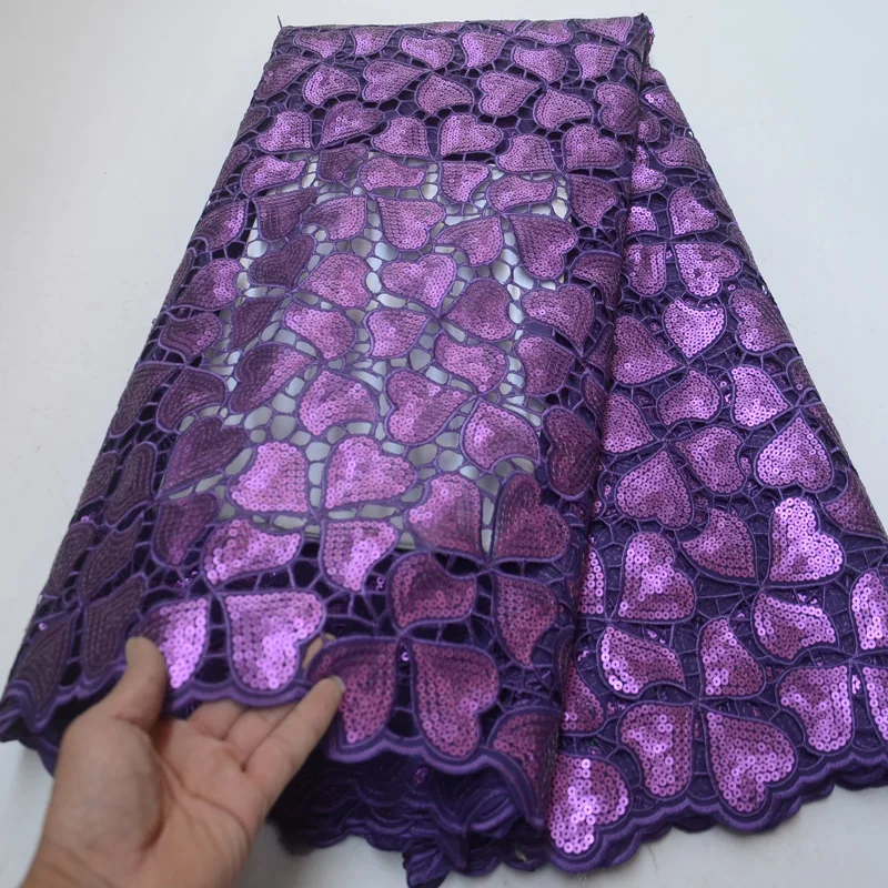 

Free shipping (5yards/pc) high quality handcut African organza lace purple sequins lace fabric for attractive party dress OP004