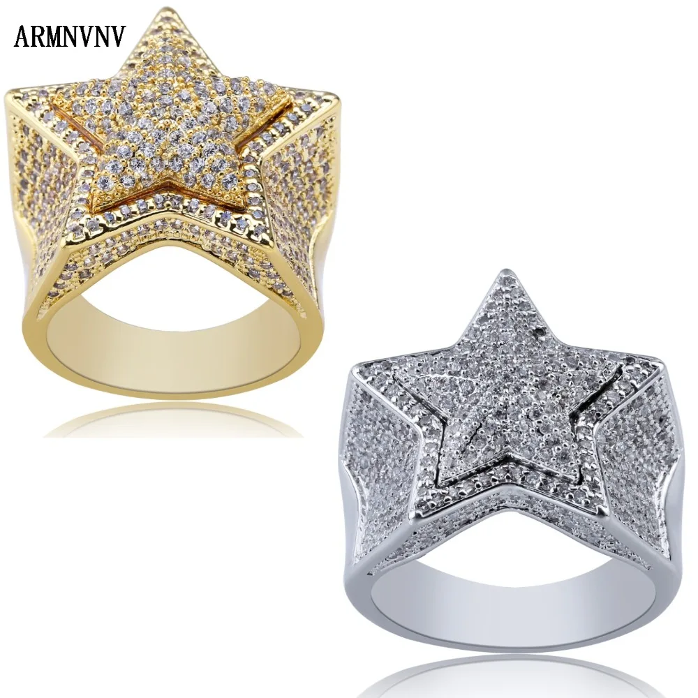 ARMNVNV Hip Hop New Gold Silver Color Plated Star Ring All Iced Out CZ
