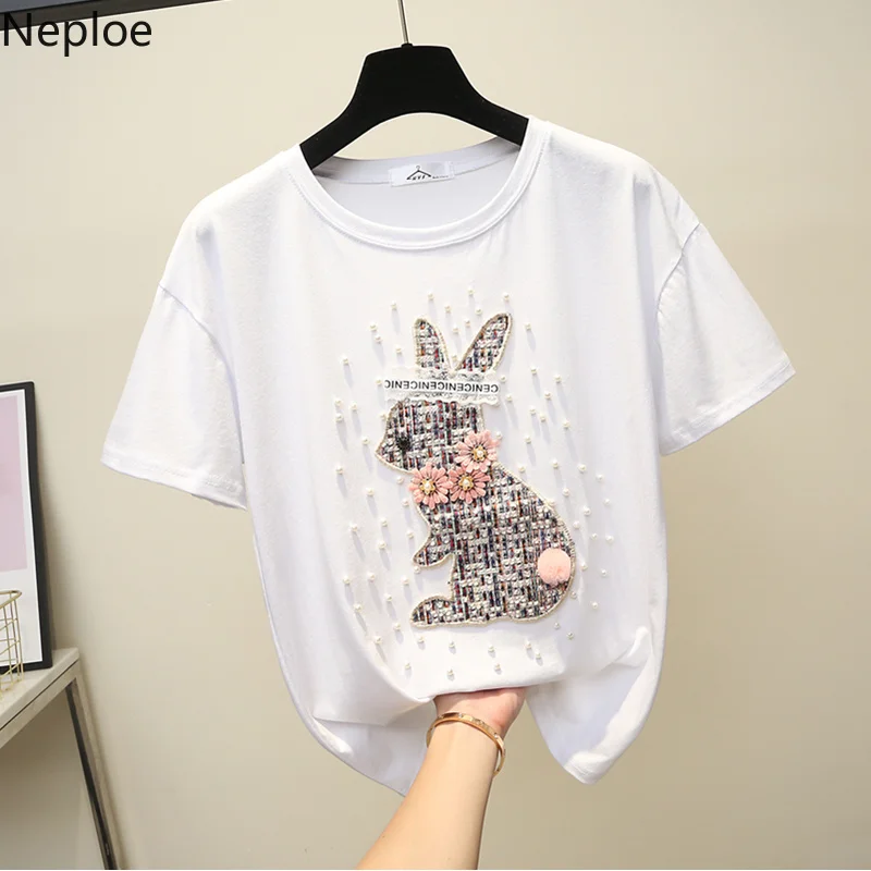 

Neploe Fashion Women Tops Summer Luxury Beaded 3D Flower Appliques T-shirts Short-sleeved Female Tees Sweet Cotton T-shirt 38408