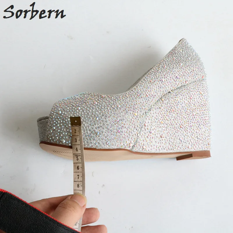 Sorbern/Серебристые свадебные туфли со стразами женские туфли-лодочки на танкетке с открытым носком и кристаллами вечерние туфли на платформе и высоком каблуке серебристого/золотистого цвета