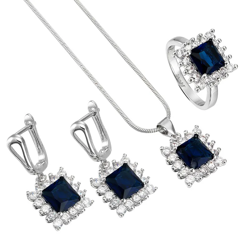 Изысканный посеребренный ювелирный набор для женщин с синим кристаллом, серьги, кольцо, кулон, ожерелье, новые модные вечерние ювелирные изделия, подарки