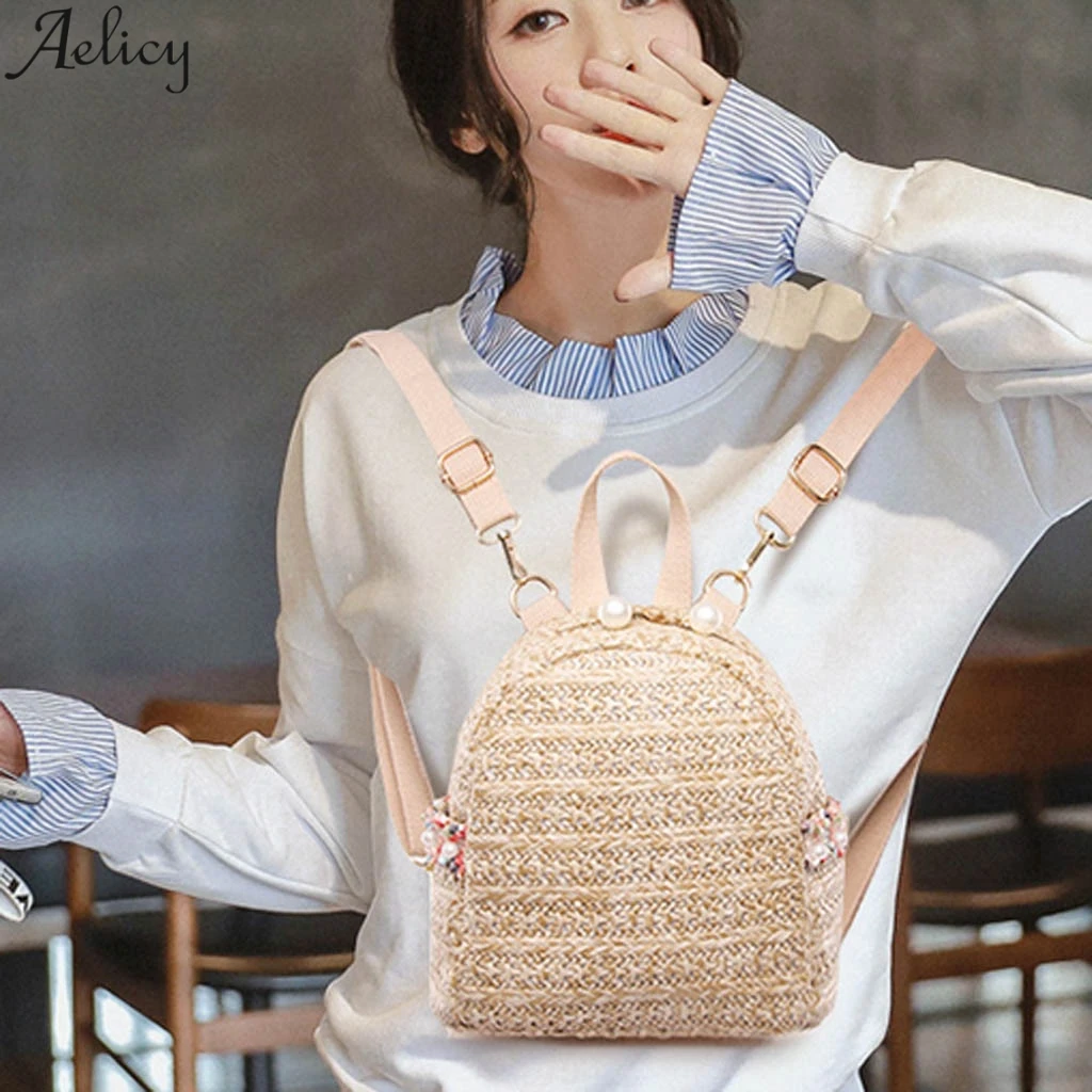 Aelicy женский модный тканый соломенный однотонный рюкзак с бисером
