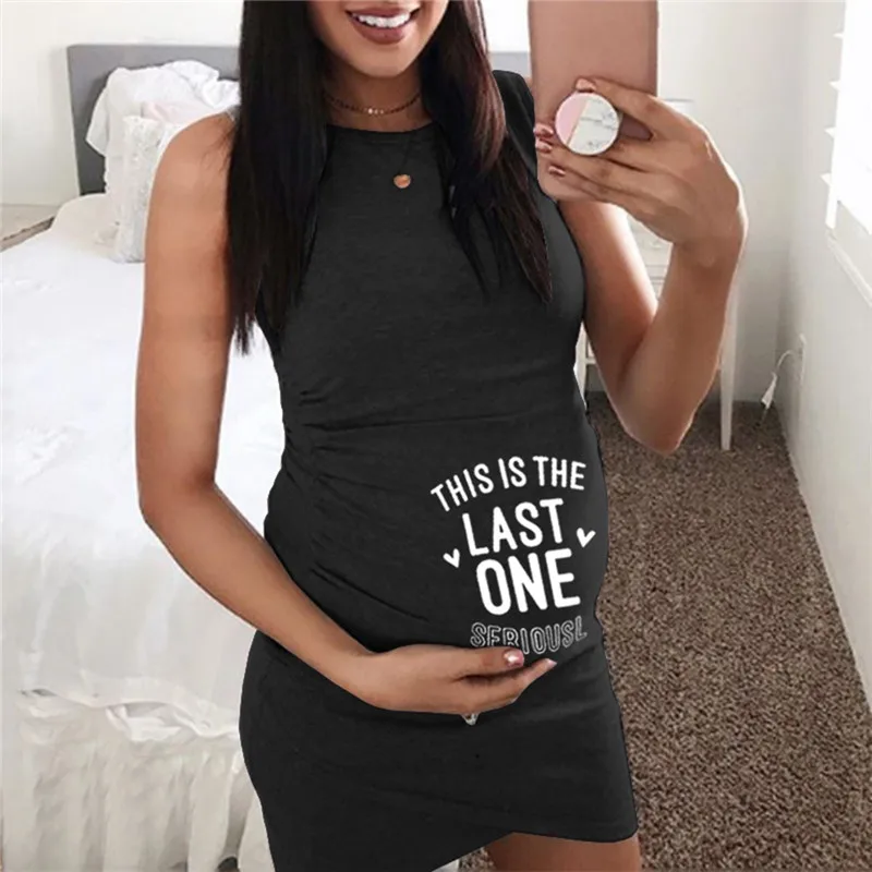 Maternity clothes summer 2019  new  Women Maternity Summer Sleeveless Letter Print Casual Sundress Pregnancy Dress  (2)
