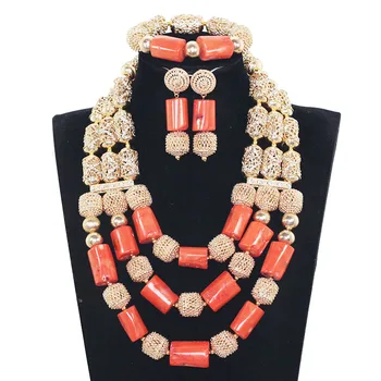 

High Quality Original Big Coral Beads African Jewelry Set Dubai Gold Bold Statement Jewelry Set for Women Free Shipping JB055