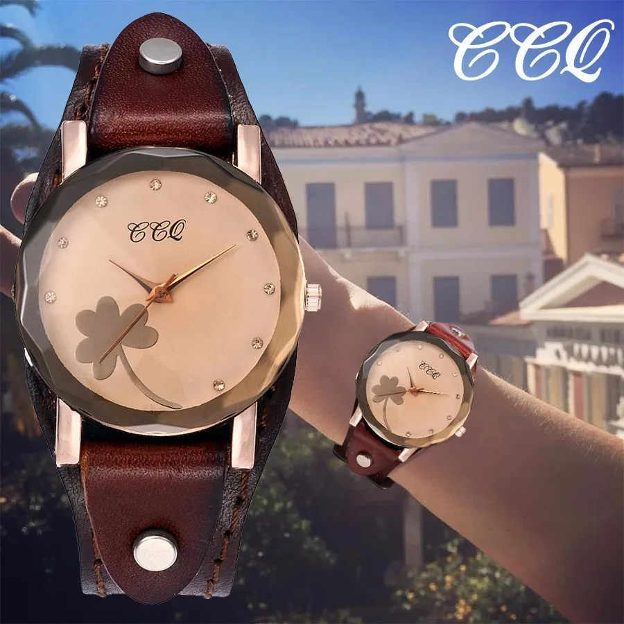 

CCQ Brand Women Genuine Leather Clover Watch Luxury Fashion Ladies Quartz Dress Wristwatches Gift Clock Relogio Feminino