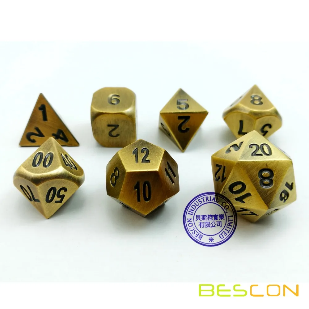 Bescon Brass Solid Metal Polyhedral D&D Dice Set of 7 Copper Metal RPG Role Playing Game Dice 7pcs Set 5