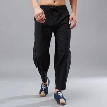

Summer Men Elastic Waist Casual Cotton Linen Pants Lightweight Full-Length Pants Fashion Joggers Fitness Trousers Men