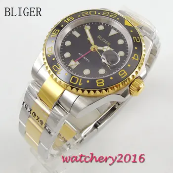 

40mm Bliger sapphire glass black dial ceramic bezel luminous hands Full Stainless Steel GMT Automatic Movement Men's WristWatch