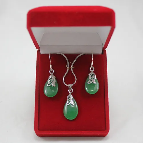 

FREE SHIPPING>>@> Unusual women bridal jewelry Lovely green jade Teardrop pendant necklace 18 k white gold plated Hook earring (