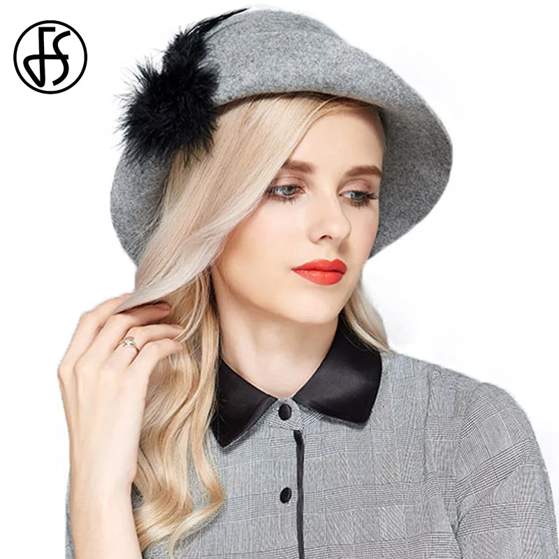 FS Vintage Wide Brim 100 Wool Felt Church Hats For Black Gray Women