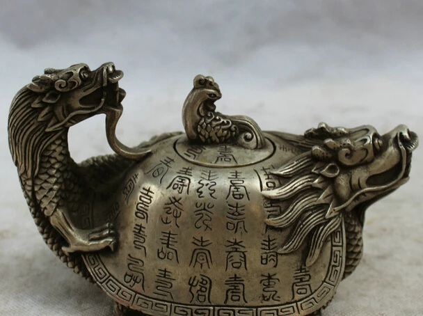 

JP S0524 6" Chinese Dynasty palace Silver word Dragon tortoise Turtle Wine Tea Pot Flagon