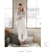 Новое поступление, весенне-осенние женские пижамы принцессы, женские пижамы с длинными рукавами, белые пижамы из чистого хлопка с цветочным рисунком, D154-1