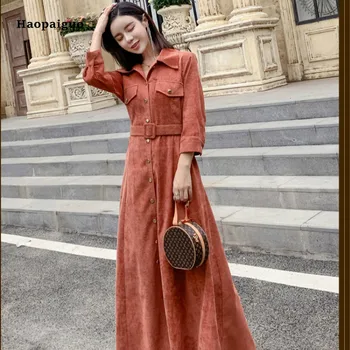 

Plus Size A-line Dress 2019 Women Spring Black Khaki Long Sleeve Turn-down Collar Corduroy Casual Shirt Dress Midi Dress Ladies