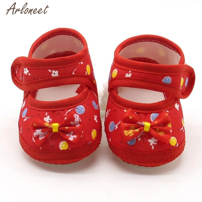 Детская обувь для первых шагов, хлопковая ткань, принт, бант, для девочек, мягкая подошва, для начинающих ходить, теплая Повседневная обувь на плоской подошве, JAN17 - Цвет: Красный