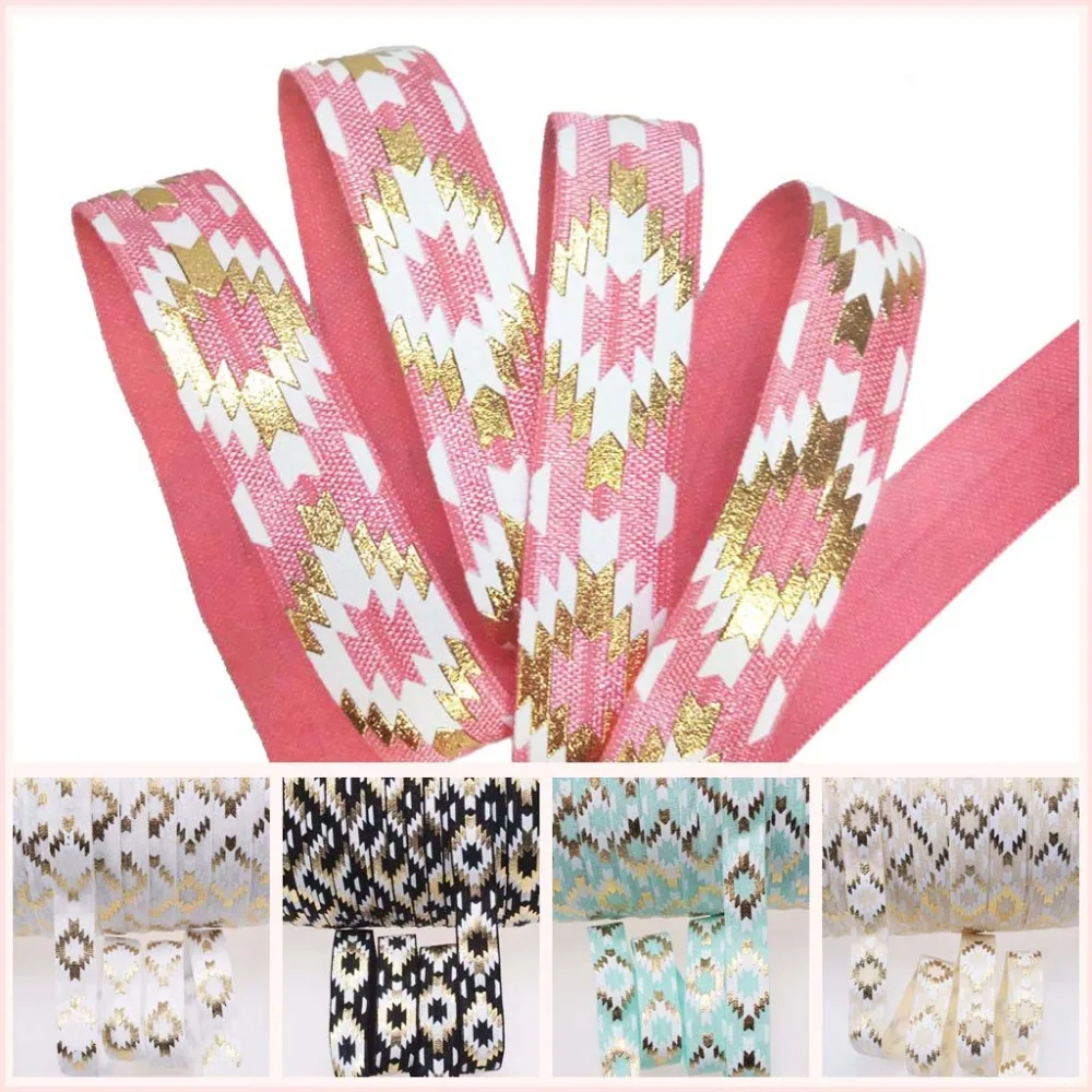 

6 colors 5/8" gold foil + ink printed Aztec fold over elastic 100yards/roll