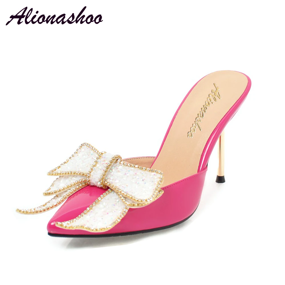 

Alionashoo 2018 Summer Thin High Heel Slippers Fashion Wedding Shoes Sweet Silver White Slides Crystal Rhinestone Party Shoes 43